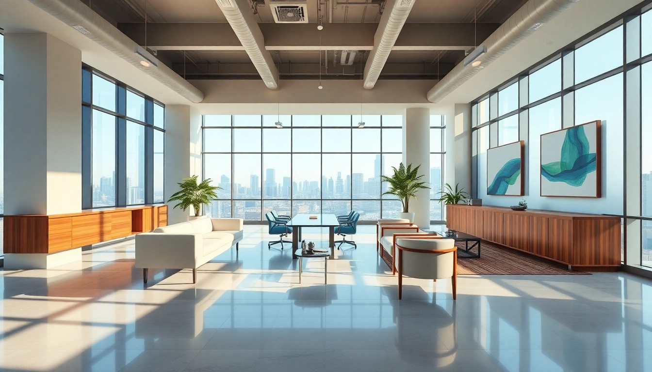 Showcasing vibrant industrial leasing office space reflecting modern design elements.