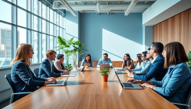Business professionals collaborating in a dynamic office environment during a meeting.