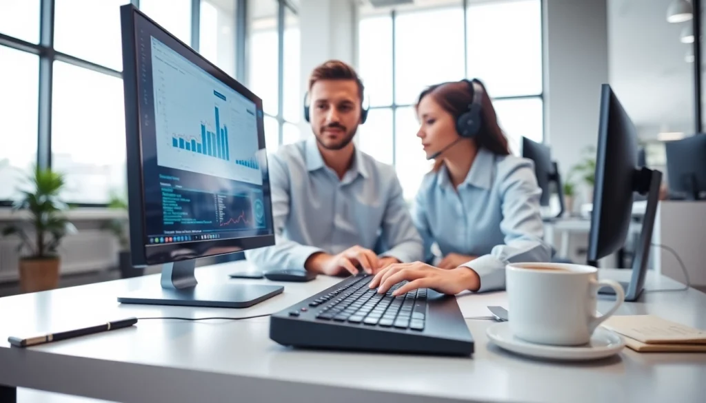 IT support service professionals collaborating at a modern desk with tech equipment.