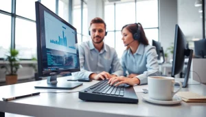 IT support service professionals collaborating at a modern desk with tech equipment.
