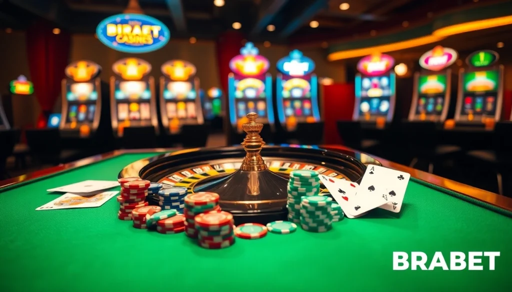 Experience lively casino action at BRABET with roulette, poker chips, and cards.