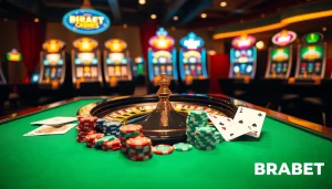 Experience lively casino action at BRABET with roulette, poker chips, and cards.