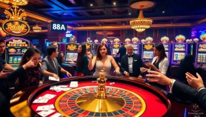 Experience the excitement at 88aa.com with vibrant gambling scenes featuring roulette tables and slot machines.
