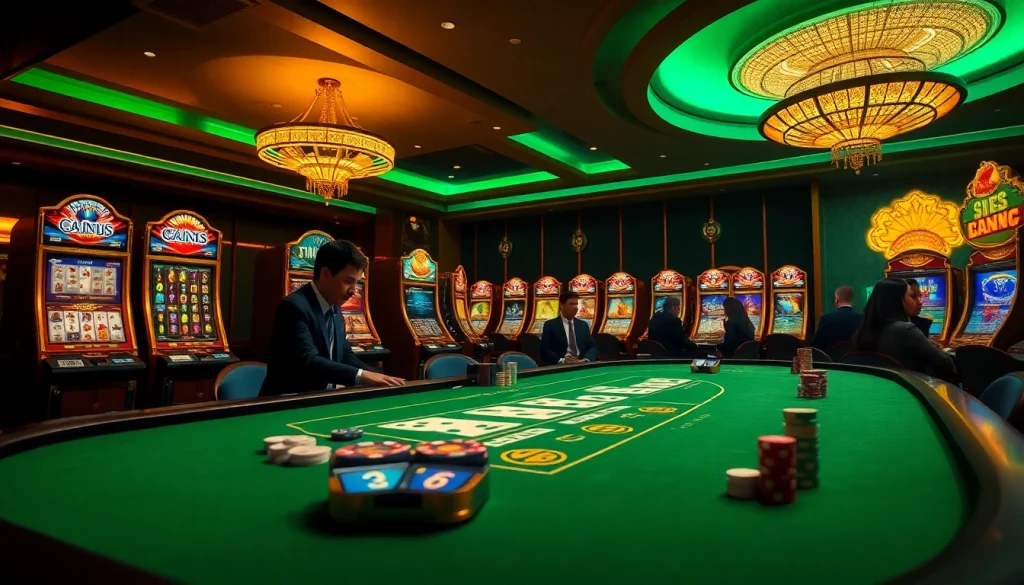 Engaging players at the i9bet casino table with vibrant slot machines and poker chips.