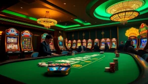 Engaging players at the i9bet casino table with vibrant slot machines and poker chips.