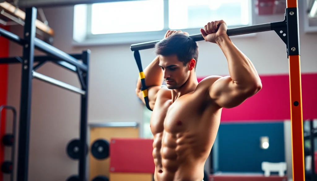 Person using a pull-up assist band for exercise in a bright gym setting