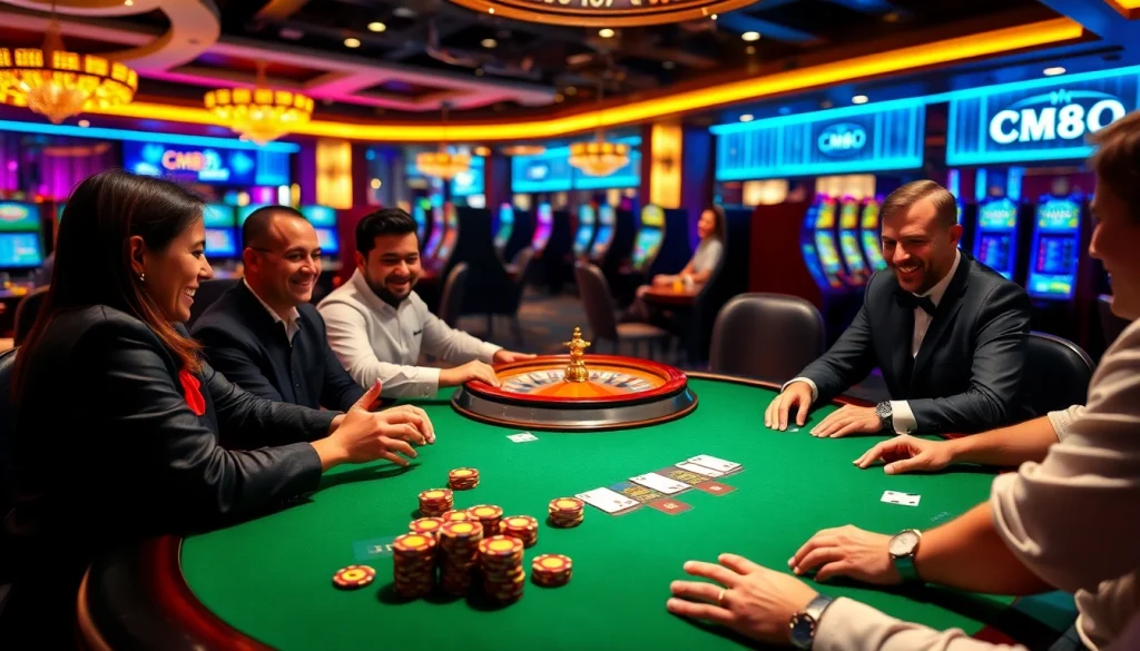 Exciting poker game at a luxury casino featuring CM88-branded decor, vibrant chips, and engaging players.