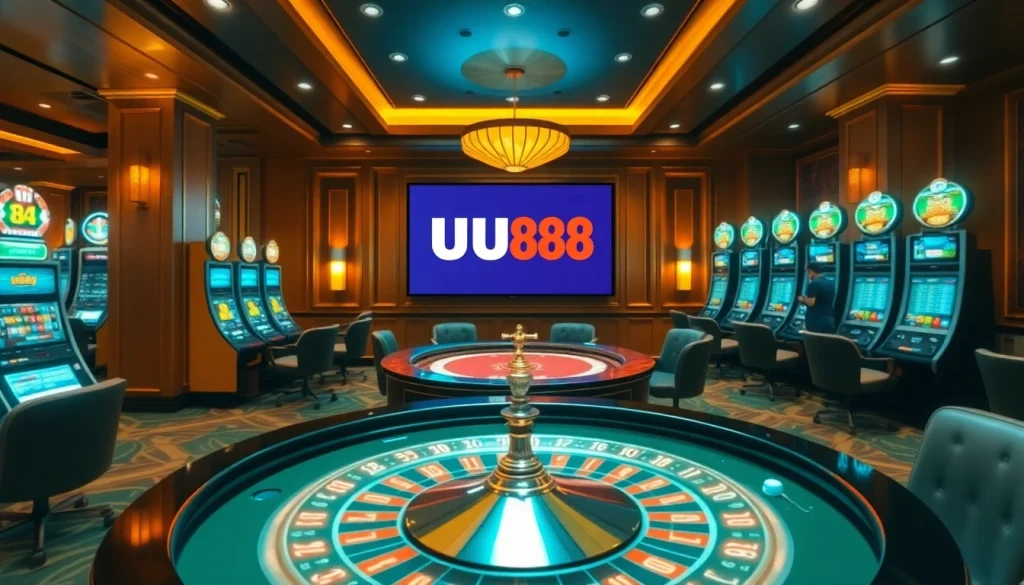 Engaging UU88 casino scene with roulette, poker chips, and digital displays enhancing the thrill.