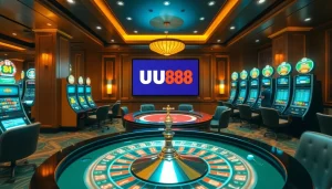 Engaging UU88 casino scene with roulette, poker chips, and digital displays enhancing the thrill.