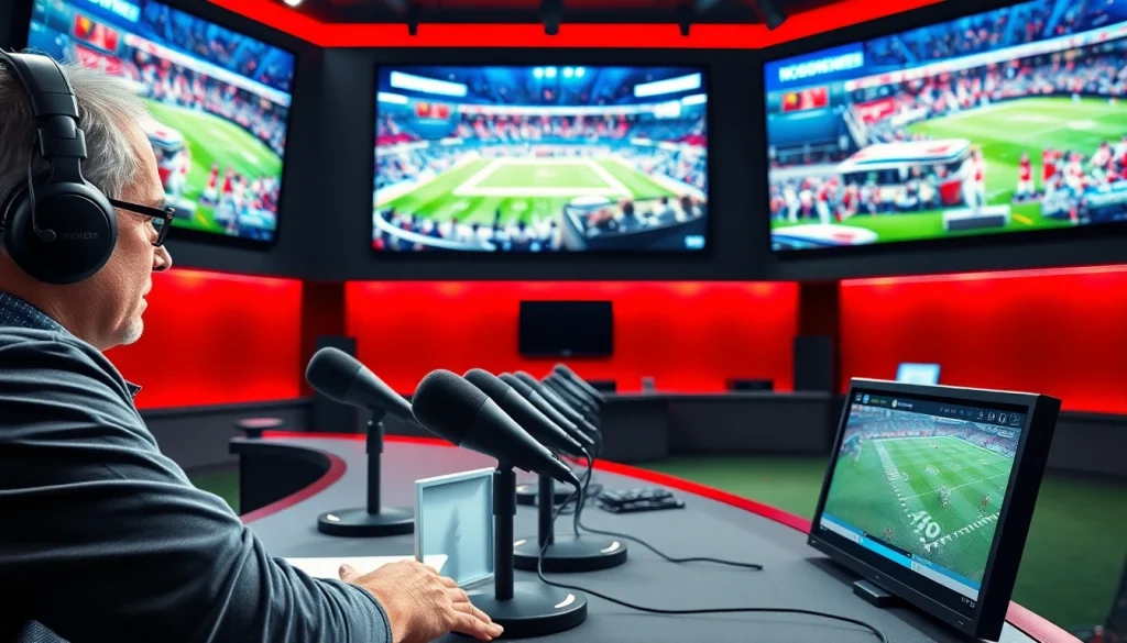 Engaging sports broadcasting studio showcasing live events with professional commentator.