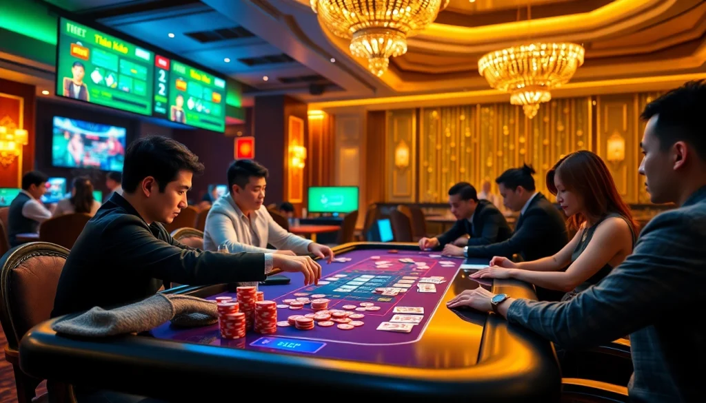 Bài cào tố game at a luxurious casino table with players engaged and chips in play.