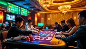 Bài cào tố game at a luxurious casino table with players engaged and chips in play.