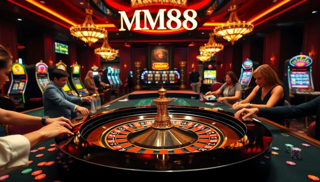 Players enjoying a thrilling game at the MM88 casino, with roulette tables and vibrant chips.