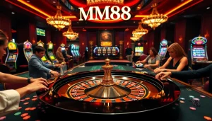 Players enjoying a thrilling game at the MM88 casino, with roulette tables and vibrant chips.