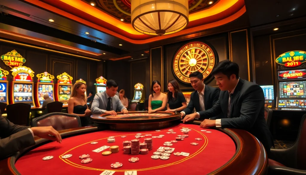 Players enjoy a thrilling moment in 68 game bài at a luxurious casino table, filled with poker chips and cards.