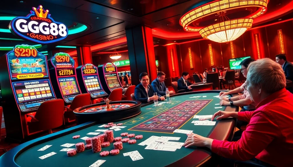 Engaged players at GG88 live casino, experiencing thrilling gameplay with vibrant slot machines.
