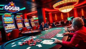 Engaged players at GG88 live casino, experiencing thrilling gameplay with vibrant slot machines.