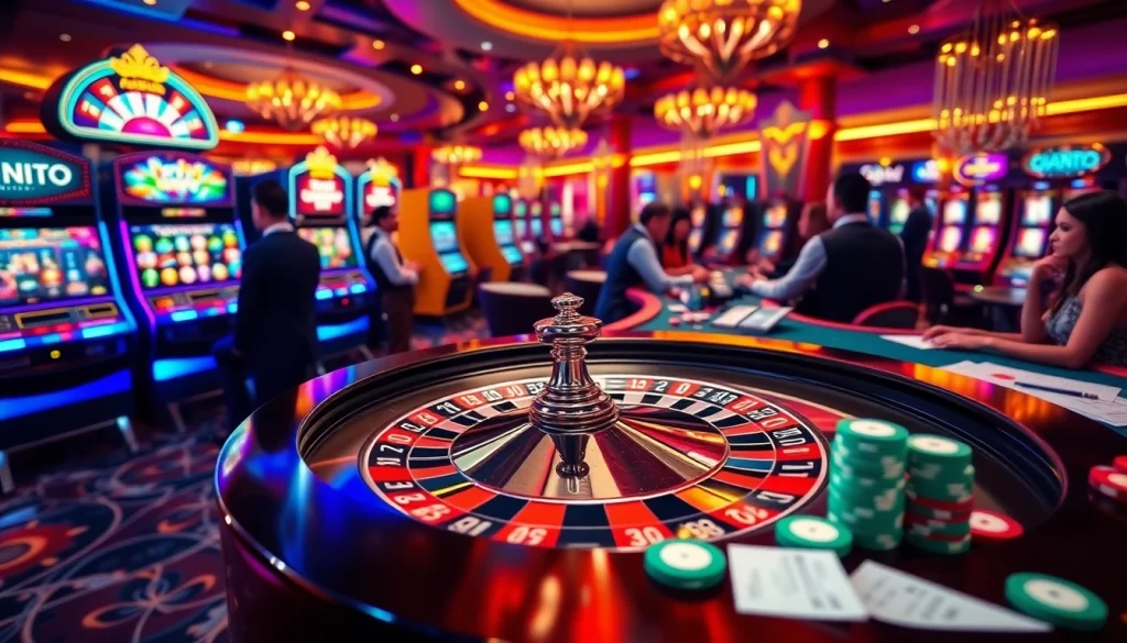 Enjoy exciting gameplay at https://okwin68.net/ with vibrant casino visuals featuring roulette and slot machines.