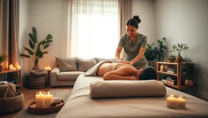 편안한 분위기의 거실에서 전문 치료사가 진행하는 출장마사지 세션.