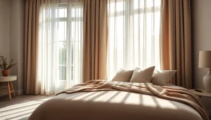Verduisterende gordijnen creëren een rustige sfeer in een moderne slaapkamer met natuurlijk licht.