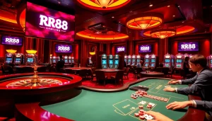 RR88 players enjoying high-stakes games at a luxurious casino with vibrant atmosphere.