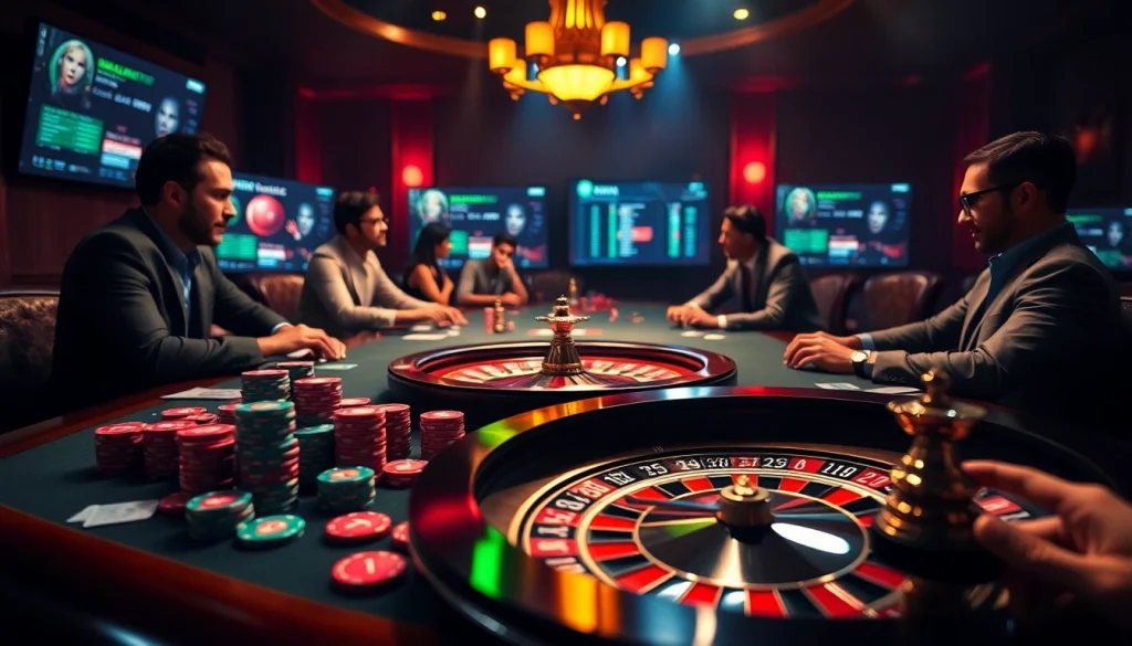 Engaged players strategizing with 7m châu á betting odds at a vibrant casino table.