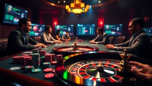 Engaged players strategizing with 7m châu á betting odds at a vibrant casino table.