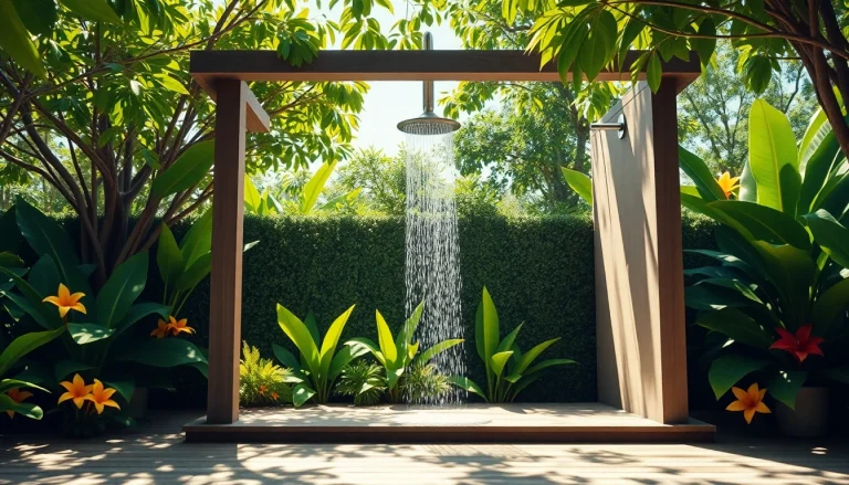 Enhance your outdoor experience with a sunny shower amidst vibrant greenery and flowers.