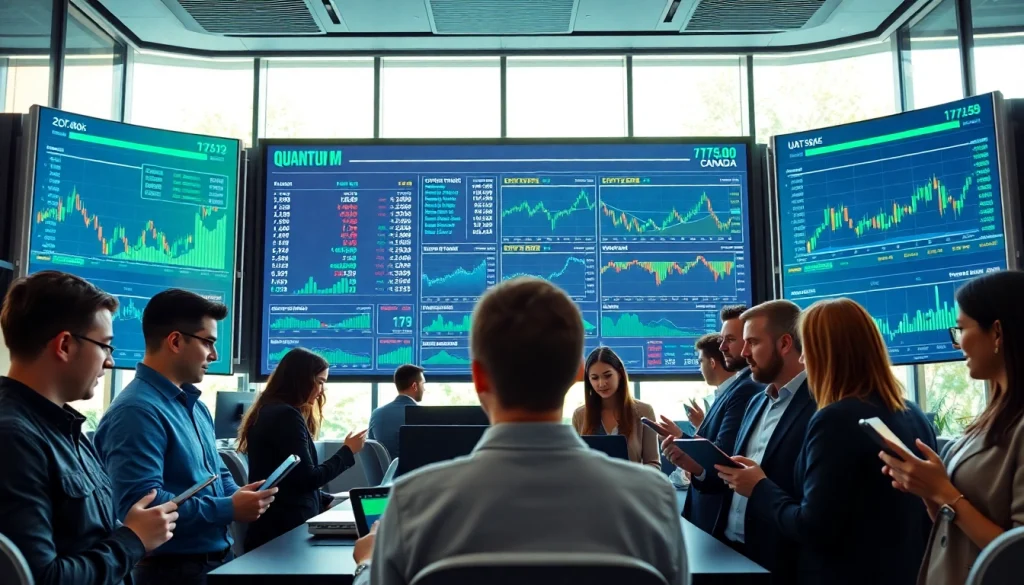 Professional traders engaged with the Quantum AI Canada app in a modern office setting, showcasing innovative trading technology.