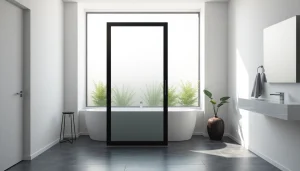 Stylish black shower sliding door complements a modern bathroom design with elegant details.