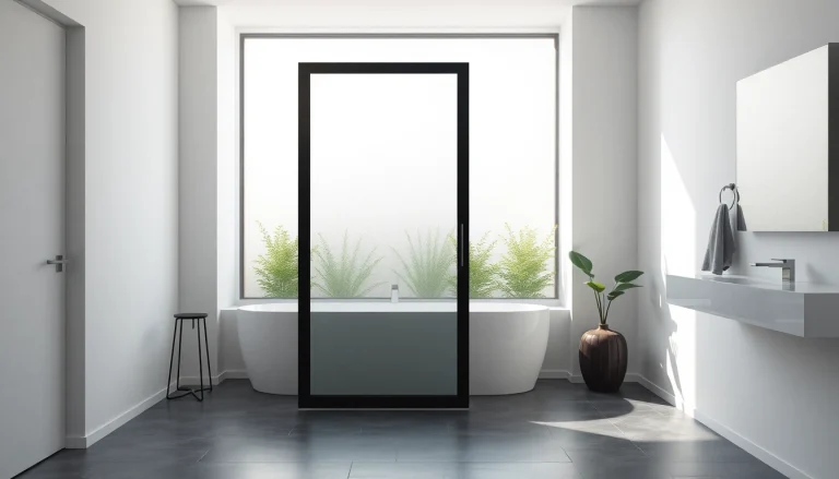 Stylish black shower sliding door complements a modern bathroom design with elegant details.