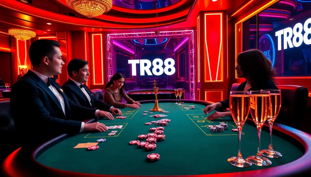 Players enjoying an exciting poker game at a TR88-themed casino table with chips and cards.