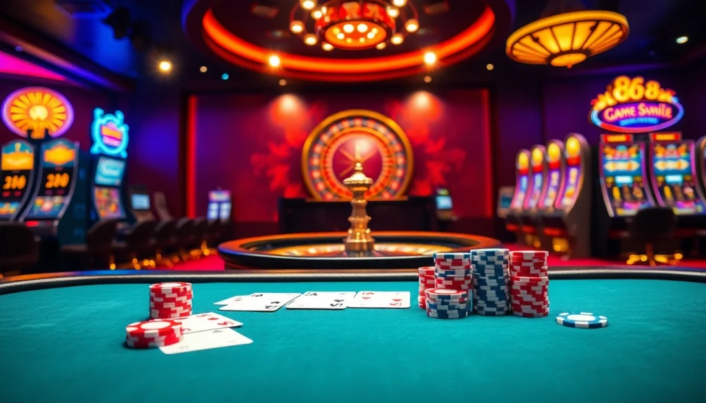 Engage in 68 game bài excitement with a luxurious casino scene featuring poker and roulette.