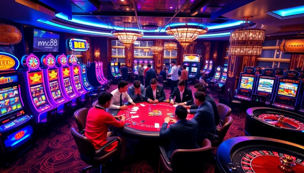 Players enjoying high-stakes poker and slot machines at mm 88 casino, showcasing the excitement of gambling.