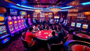 Players enjoying high-stakes poker and slot machines at mm 88 casino, showcasing the excitement of gambling.