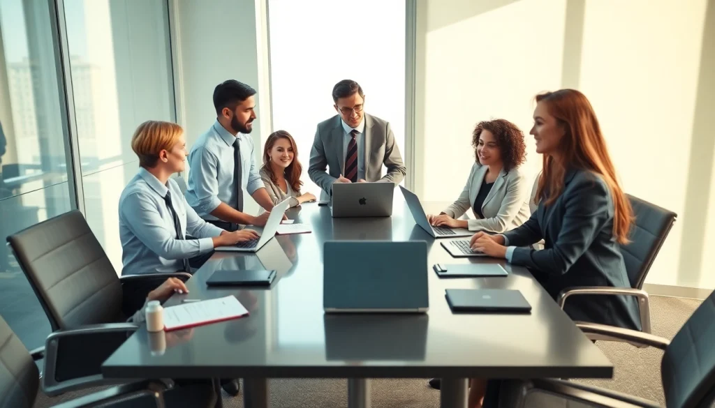 Engaging business meeting discussing 출장 details with diverse professionals.