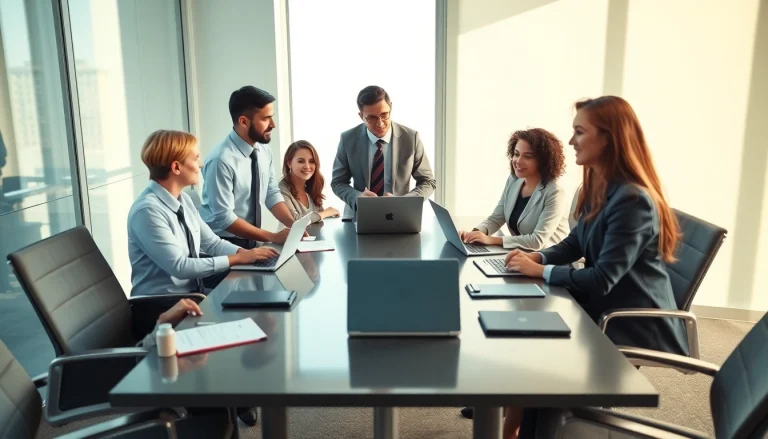 Engaging business meeting discussing 출장 details with diverse professionals.