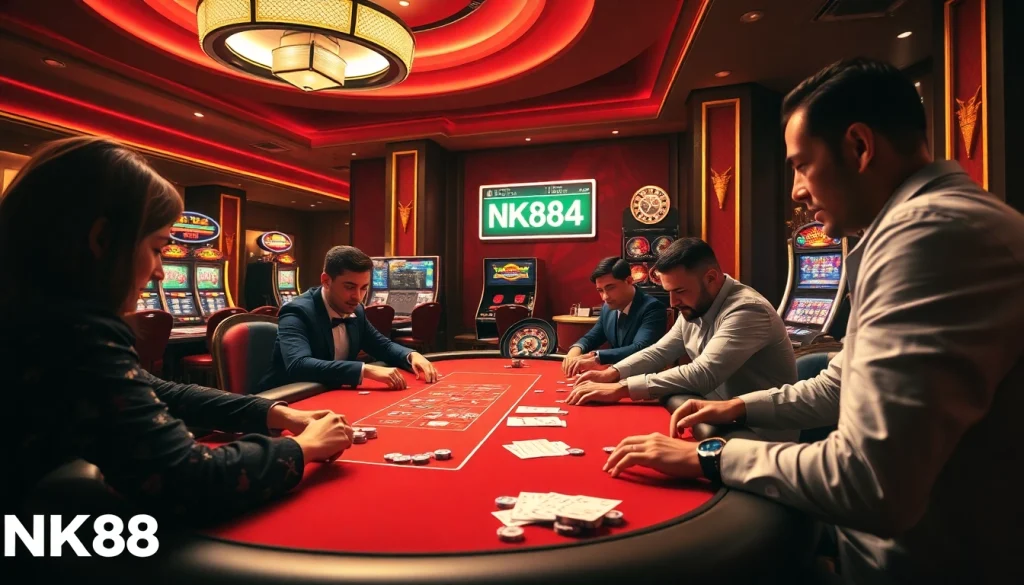 Experience high-stakes poker action at a luxurious casino with NK88 vibes and thrilling gameplay.