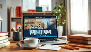 ノートパソコン、書籍、お茶を備えたqqenglish カラン メソッドの魅力的なオンライン学習環境