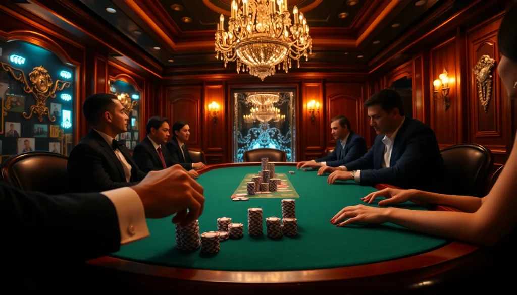 Permainan judi poker yang intens menunjukkan para pemain di meja kasino mewah dengan chip poker yang cerah.
