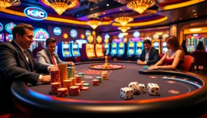 KJC poker game experience with vibrant chips, roulette wheel, and professional ambiance.