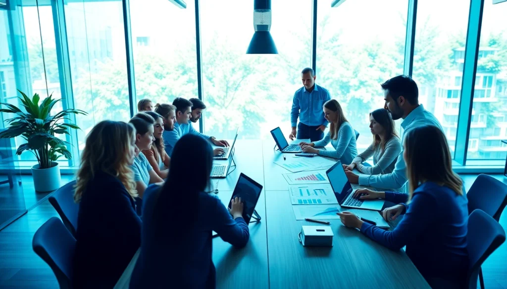 Brightet team collaborating on digital marketing strategies in a vibrant office.