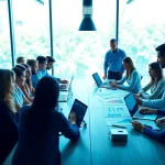 Brightet team collaborating on digital marketing strategies in a vibrant office.