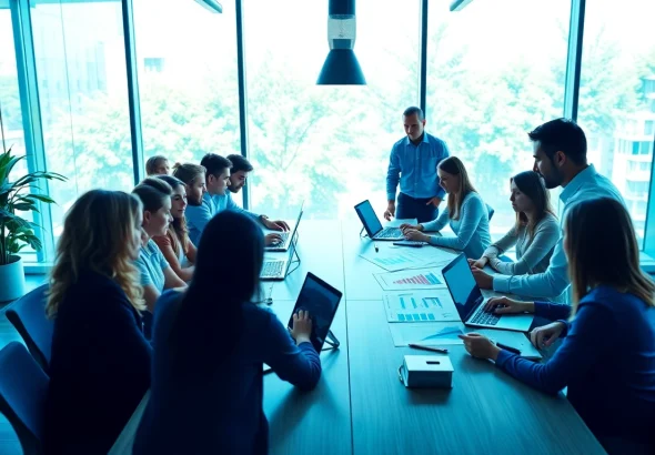 Brightet team collaborating on digital marketing strategies in a vibrant office.