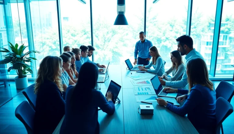 Brightet team collaborating on digital marketing strategies in a vibrant office.