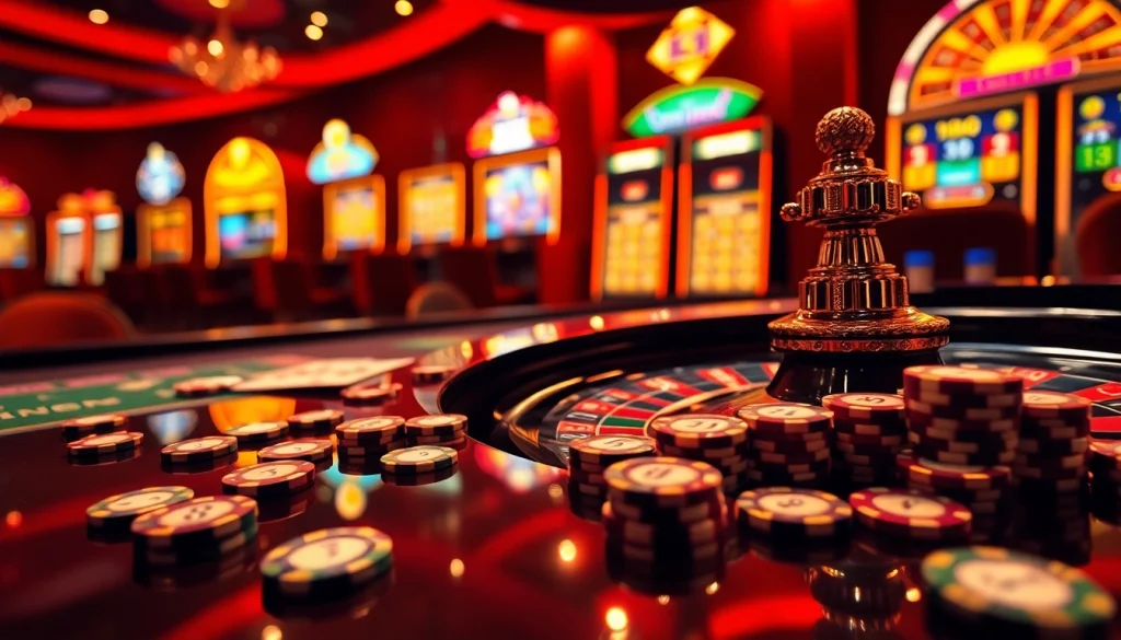 Joueurs captivés à une table de casino en ligne professionnelle avec roue de roulette et jetons de poker.