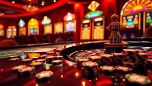 Joueurs captivés à une table de casino en ligne professionnelle avec roue de roulette et jetons de poker.