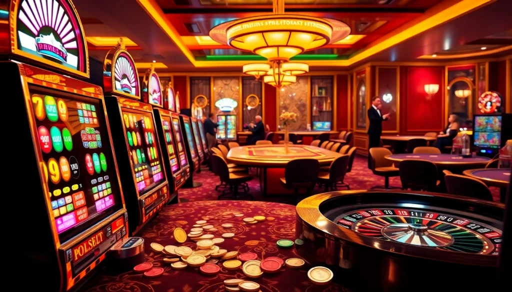 Experience the thrill of judi slot at a lavish casino with vibrant slot machines and a lively atmosphere.