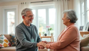 Engaging home healthcare services showcased by a professional caregiver assisting an elderly individual in a cozy living room.