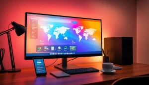 现代计算机上的快连VPN界面，展示全球连通性与先进安全功能。